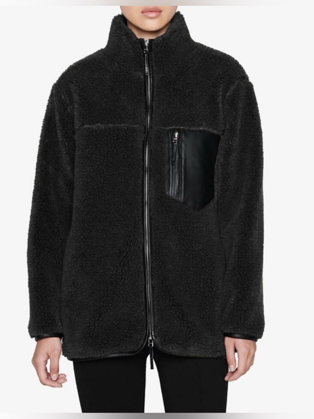 Anine Bing Black Leather-Trim Zip Teddy Jacket